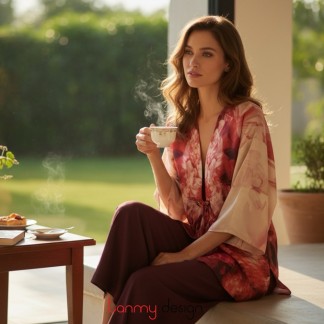 Áo Kimono dáng ngắn mẫu Hoa lan Đỏ
